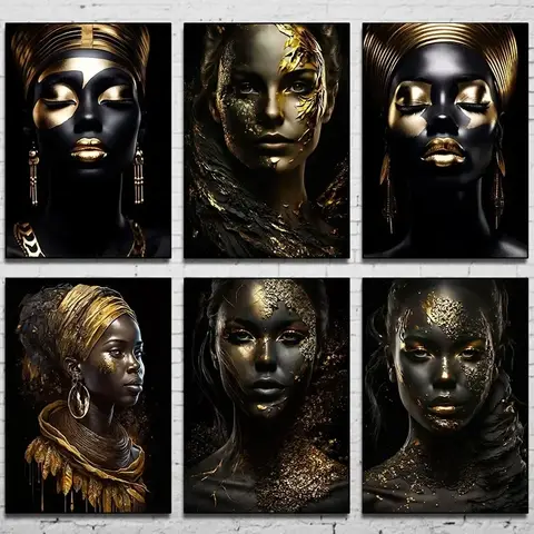 Póster de lienzo de color negro para mujer africana, joyería dorada, sala de estar de pared para imágenes artísticas, dormitorio, decoración moderna del hogar, regalo