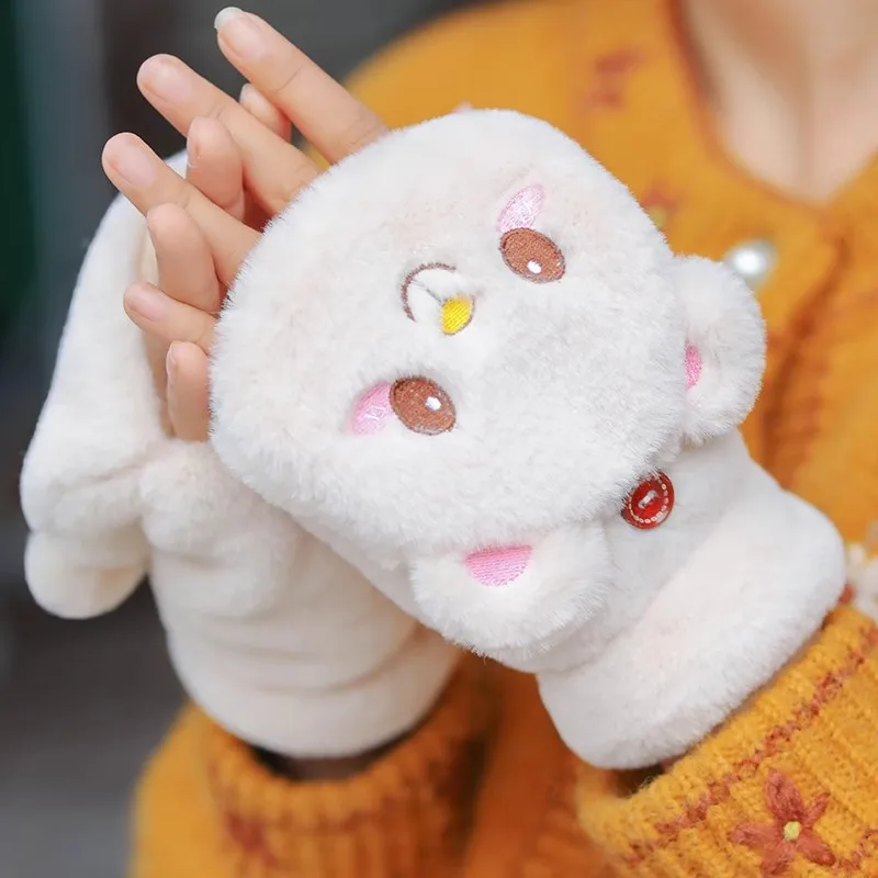 Thick Warm Flip Fingerless Gloves Plush Teddy Bear Flip Glove Cartoon Soft Casual Gloves Winter Women Finger Glove Girls Gifts