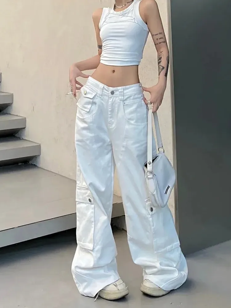 Jean Cargo Baggy Blanc pour Femme, Pantalon Kpop, Jambes Droites et Larges, Mode Coréenne Y2K, Vêtements Décontractés et Élégants, FjLady, Nouveau, 2023