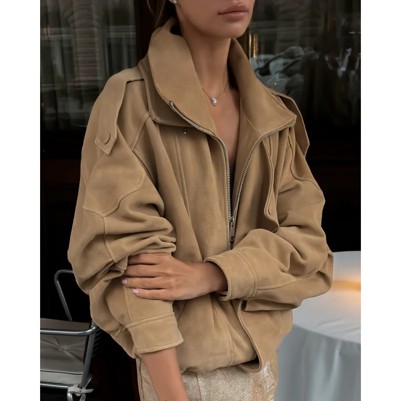 2025Moda casual retrò allentata corta marrone da donna europea e americana di vendita calda