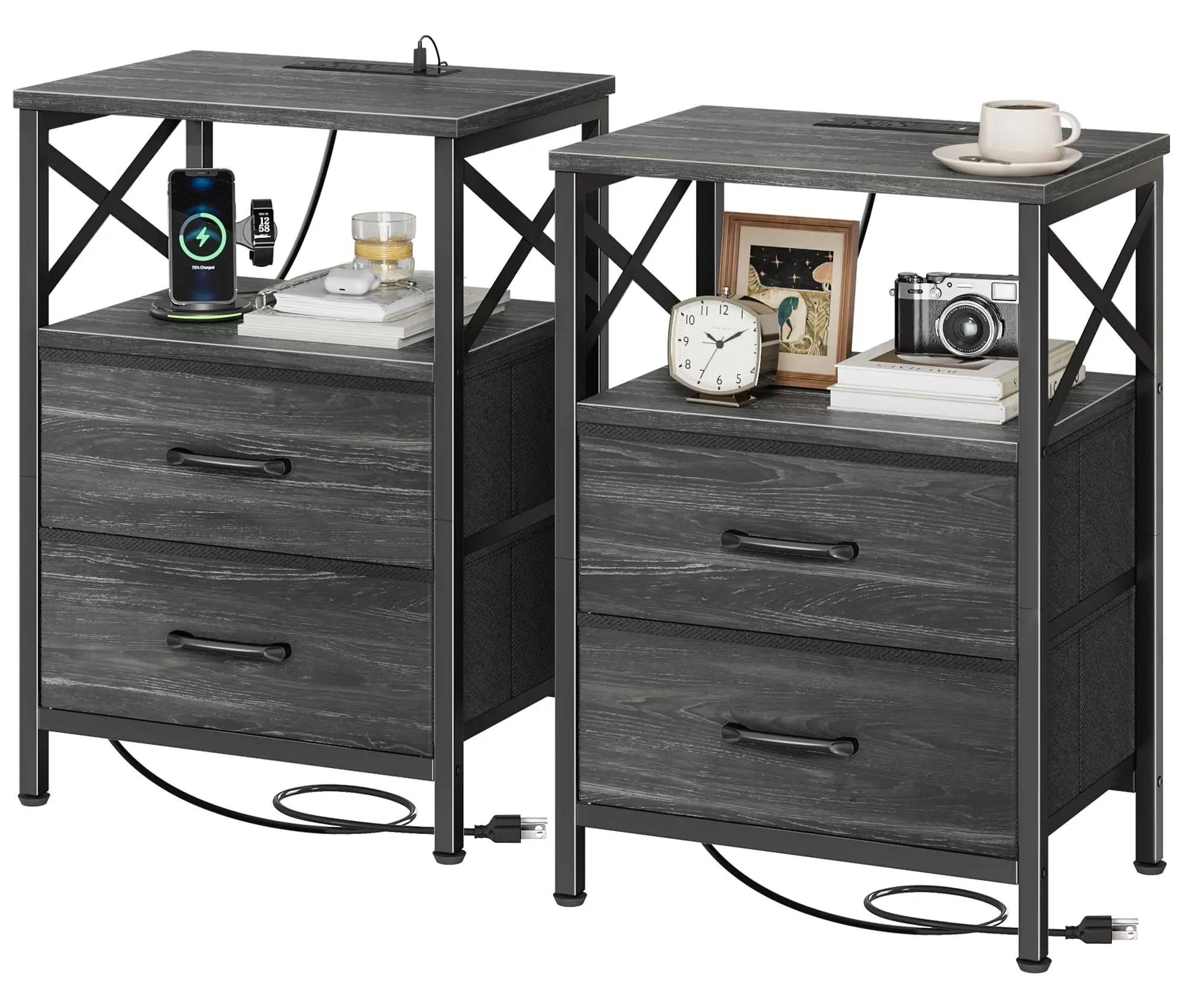 

Modern Gray Wood Nightstand With 2 Drawers, Open Shelf, USB-C Charging Port, X-Frame Design, Compact Bedside Table
