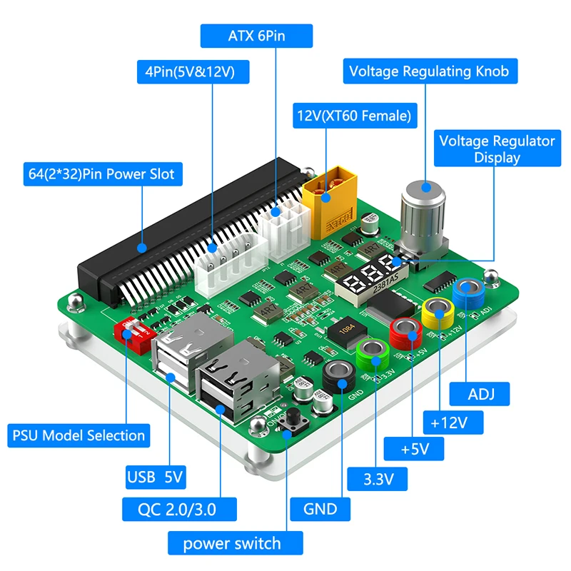 Carte d'installation d'alimentation avec bouton de tension réglable, 3.3V, 5V, 12V, prise en charge USB 2.0, QC2.0, QC3.0 pour HP, DELTA, FUJITSU, LITEON PSU