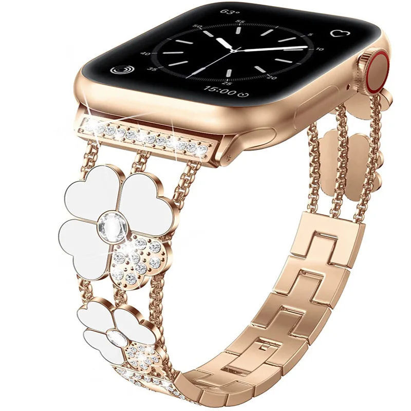 Pulsera de Metal con trébol de cuatro hojas para Apple Watch, correa de pulsera de cristal y Diamante, serie Ultra SE 9/8/7/6/5/4/3/2/1