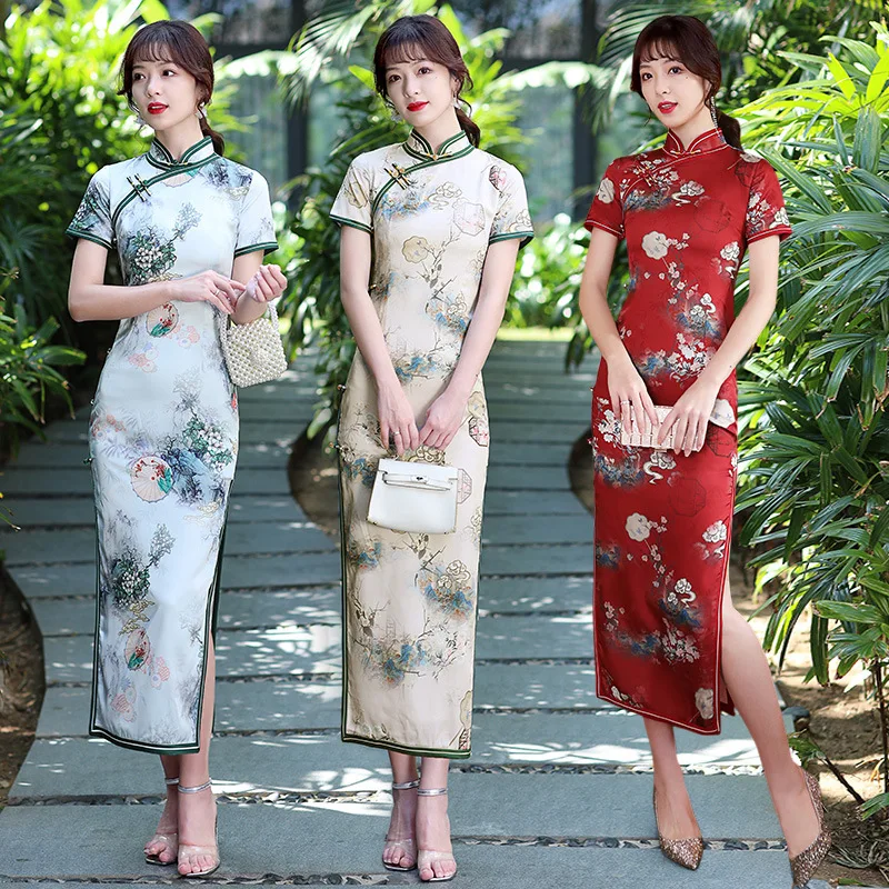 

Yourqipao 2024 New Satin Long Double Layer Daily Cheongsam Improved Retro Chinese Performance Catwalk Dress