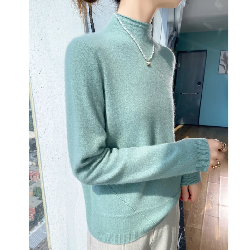 Autumn and Winter New Semi-Turtleneck Sweater 100 Pure Wool Thick Cashmere Sweater Loose Knit Sweater Bottom Knit Sweater