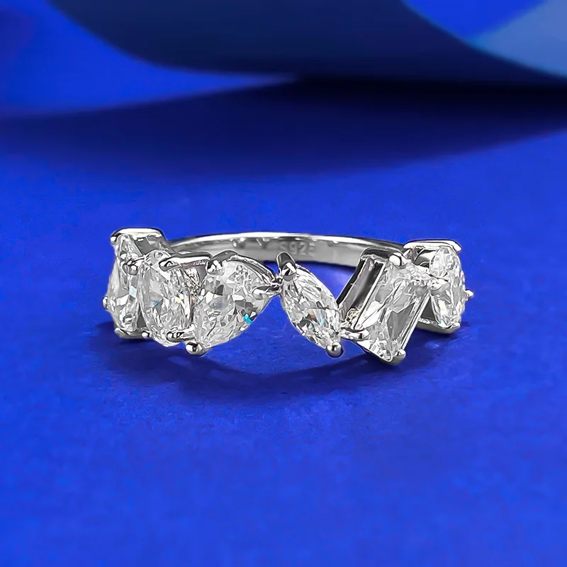 

CKT 100% 925 Sterling Silver Lab Sapphire Gemstone Irregular Row Ring for Women Fine Jewelry Wedding Band Gifts Wholesale