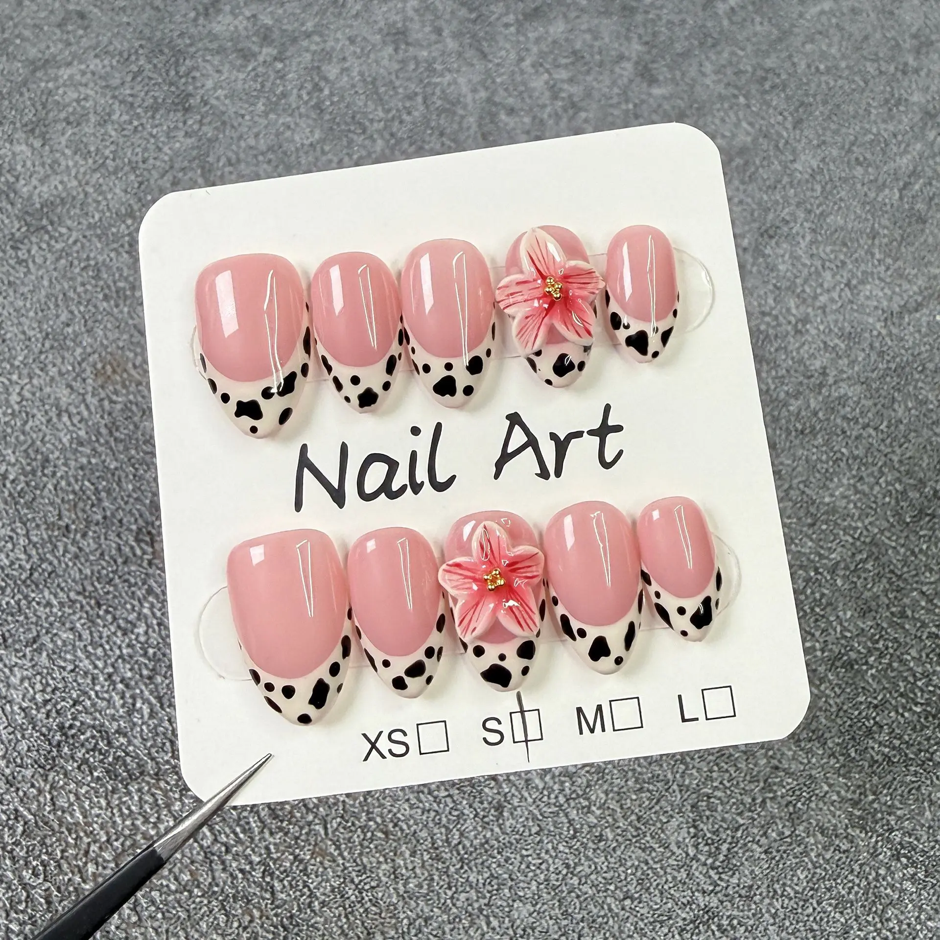 10 قطعة البقرة اليدوية الصحافة الفرنسية على الأظافر ثلاثية الأبعاد نحت بتلات تصميم الأظافر كاذبة يمكن ارتداؤها عارية الوردي الحلو الكورية وهمية مسمار نصائح #2