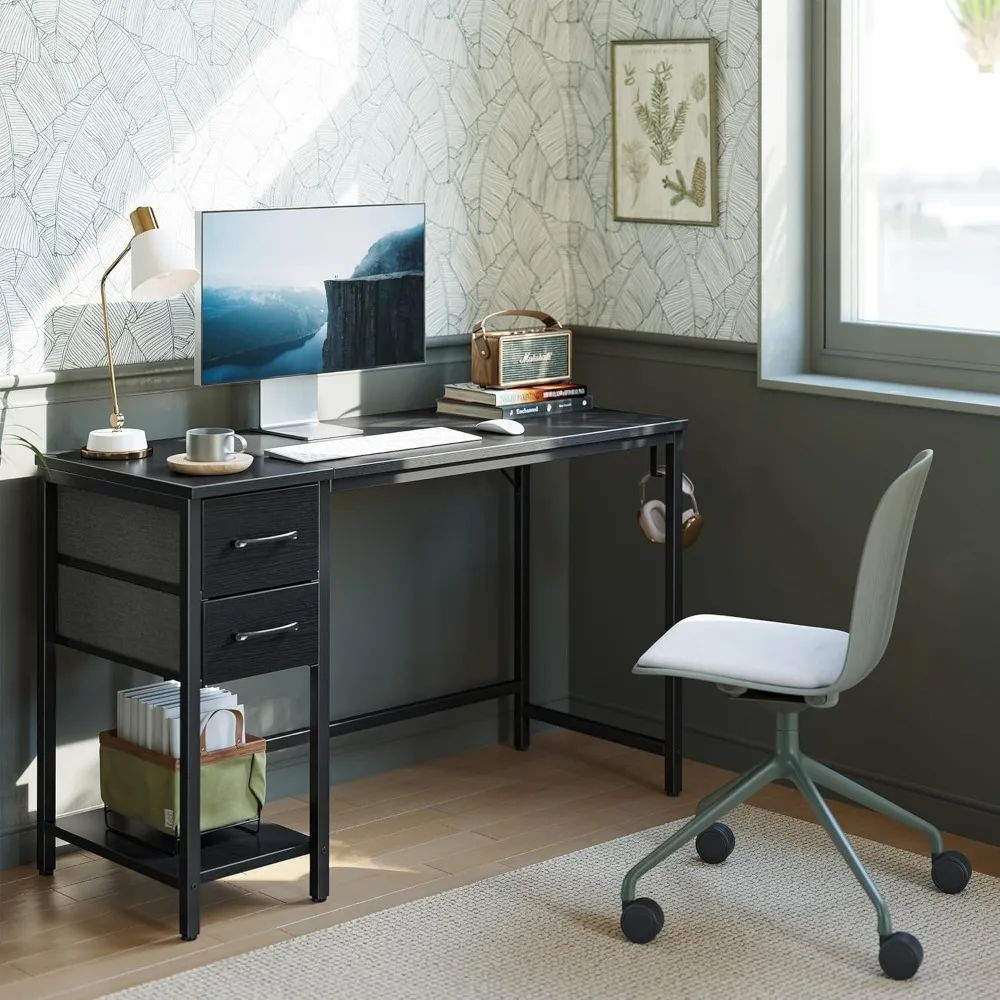 Compact 47 Home Office Desk with Two Drawers for Storage and Studying in Modern Black