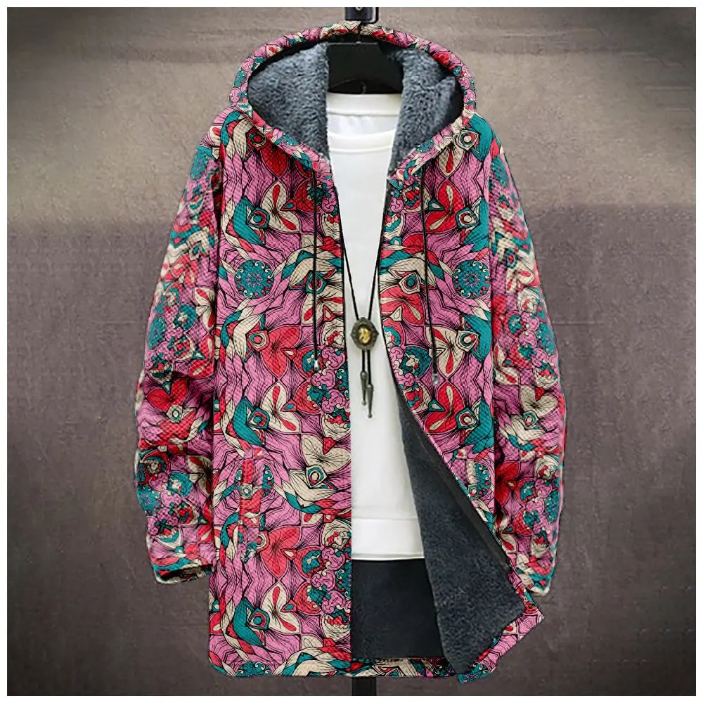 Youthful Colorful ethnic flowers 3D Print Winter Long Sleeve Hoodies Zipper Jacket Men Fleece Long style Outerwear Warm Coats