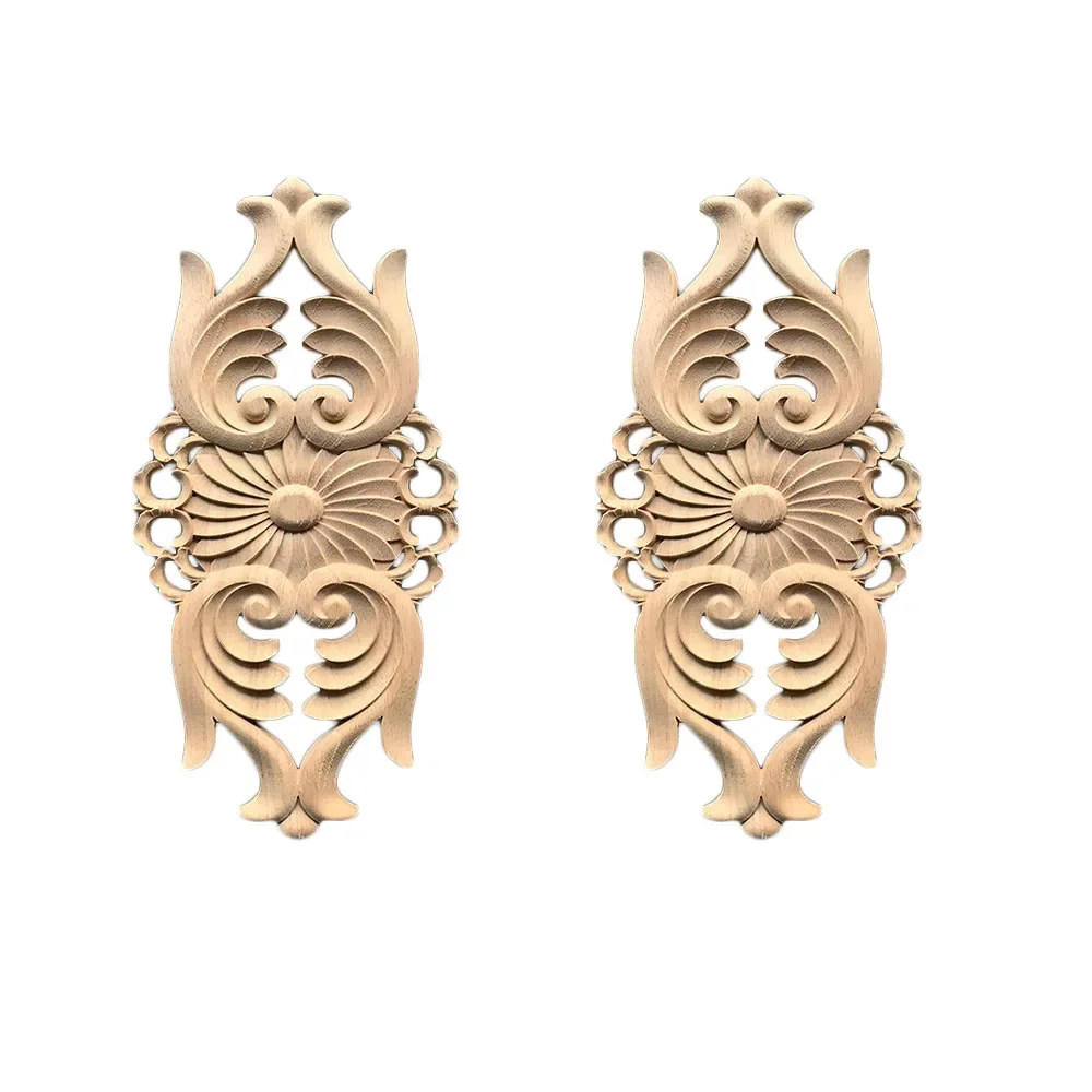 2Pcs Vintage Flower Pattern Wood Carved Unpainted Wood Oak Carved Corner Onlay Applique Furniture Home Decor DIY Accessories