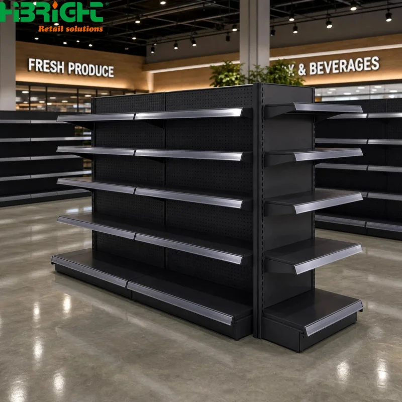 custom.Modern Matte Black Retail Shelving System Double Sided Gondola Shelf High-end Supermarket