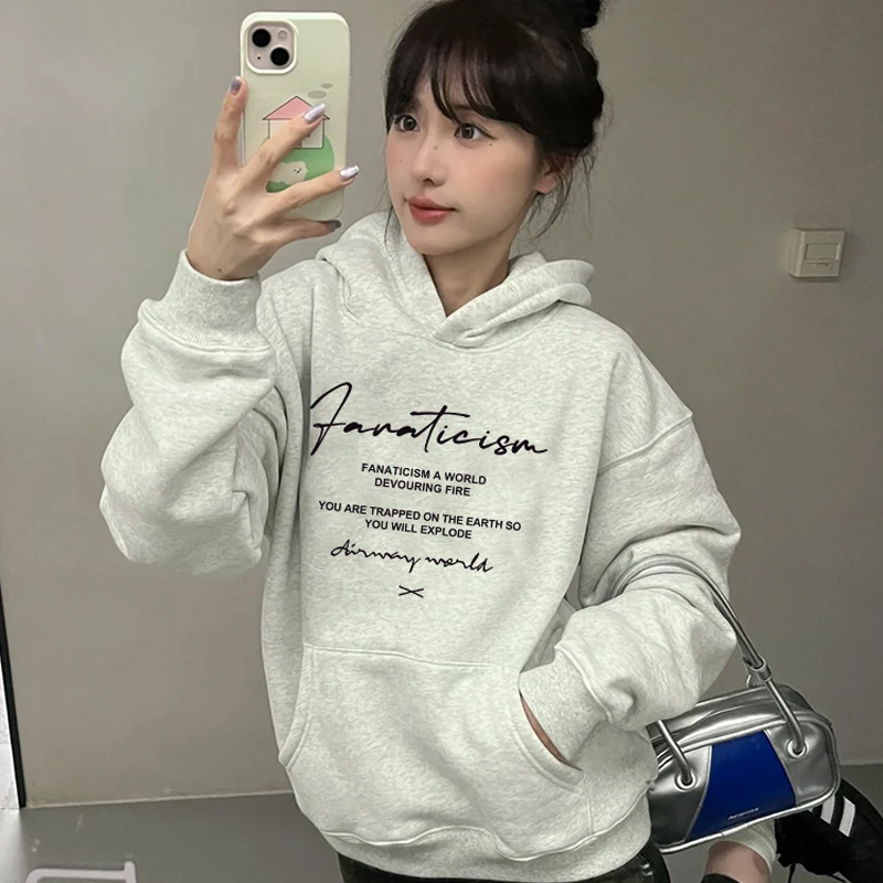 

Американская уличная женская толстовка с капюшоном большого размера, зимняя бархатная теплая толстовка с буквенным принтом, модный повседневный пуловер в стиле Харадзюку