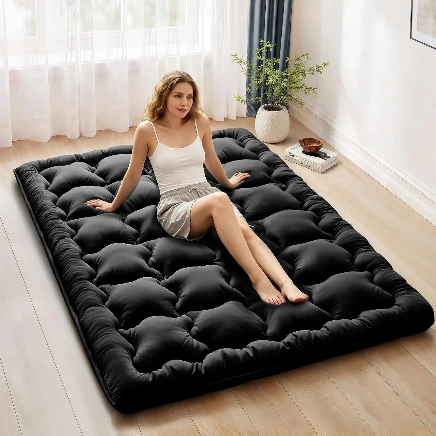 Black Twin Size Shredded Memory Foam Japanese Floor Mattress Futon | Roll Up, Foldable, Tatami Mat, Sleeping Pad, Floor