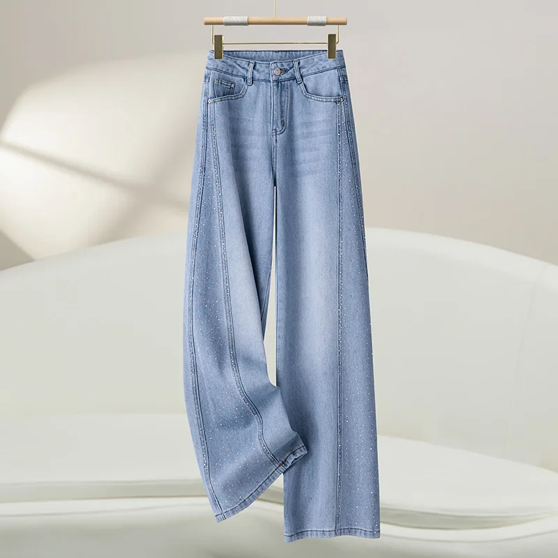 

High Waist Wide Leg Narrow Version Women's Jeans Draped Slimming Straight Cut Denim Pants Spring 2026 New Style Faux Diamond