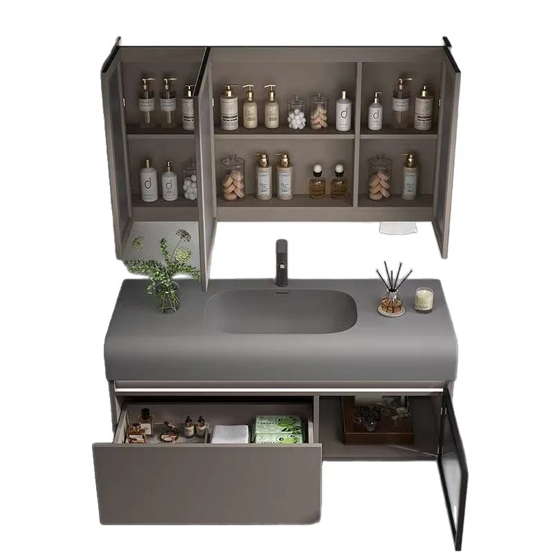 

Simple light luxury intelligent skin feeling integrated modern sink wash bathroom cabinet solid wood washbasin