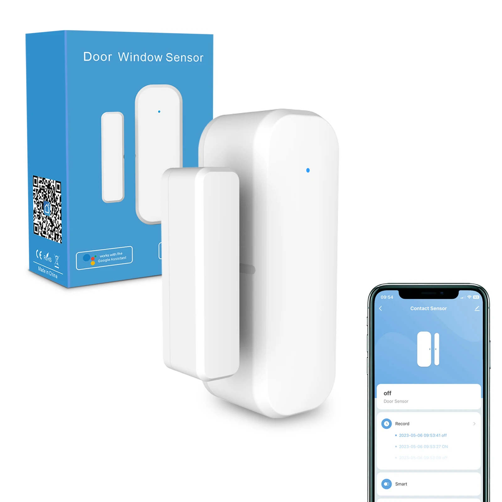 Tuya Tür- und Fenster-Magnetsensor mit Zigbee- und WLAN-Konnektivität, kompatibel mit Alexa und Google Home.