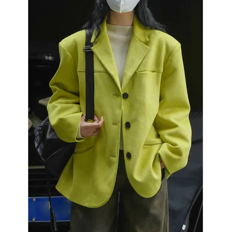 Traje Vintage de ante con bolsillo curvo para mujer, chaqueta recta holgada con cuello de solapa, abrigo de botonadura única, Invierno