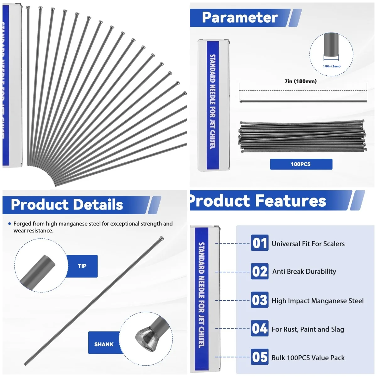 

100Pcs Descaling Needles 3x180mm Manganese Steel Replacement Set for Needle Scaler
