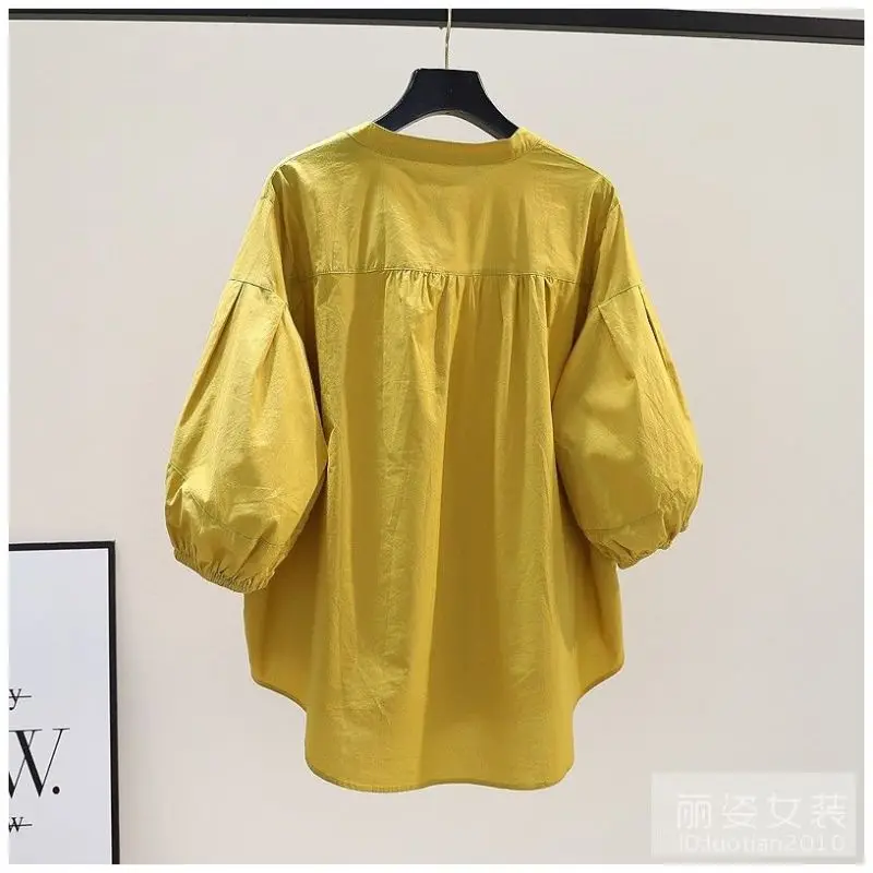 Summer Elegant Fashion Korean Style Retro Women's Shirt Button Loose Solid Color Irregular Folds Stand-up Collar Y2K Chic Tops