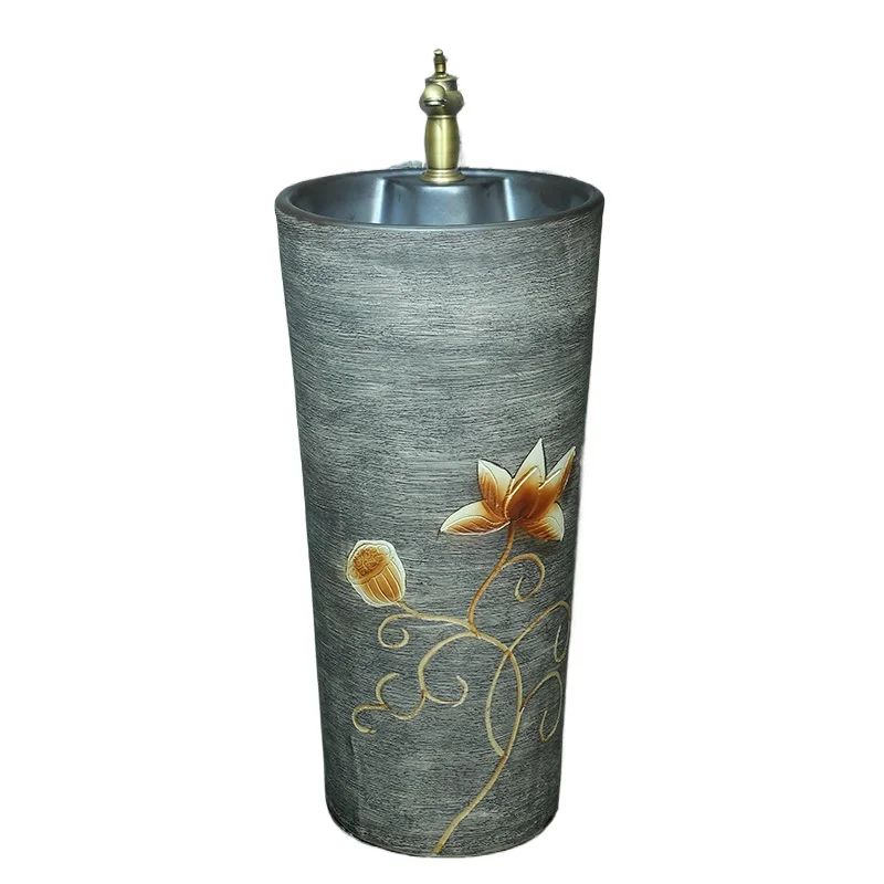 

*Chinese retro engraved lines lotus integrated column basin ceramic column type washbasin floor wash basin courtyard