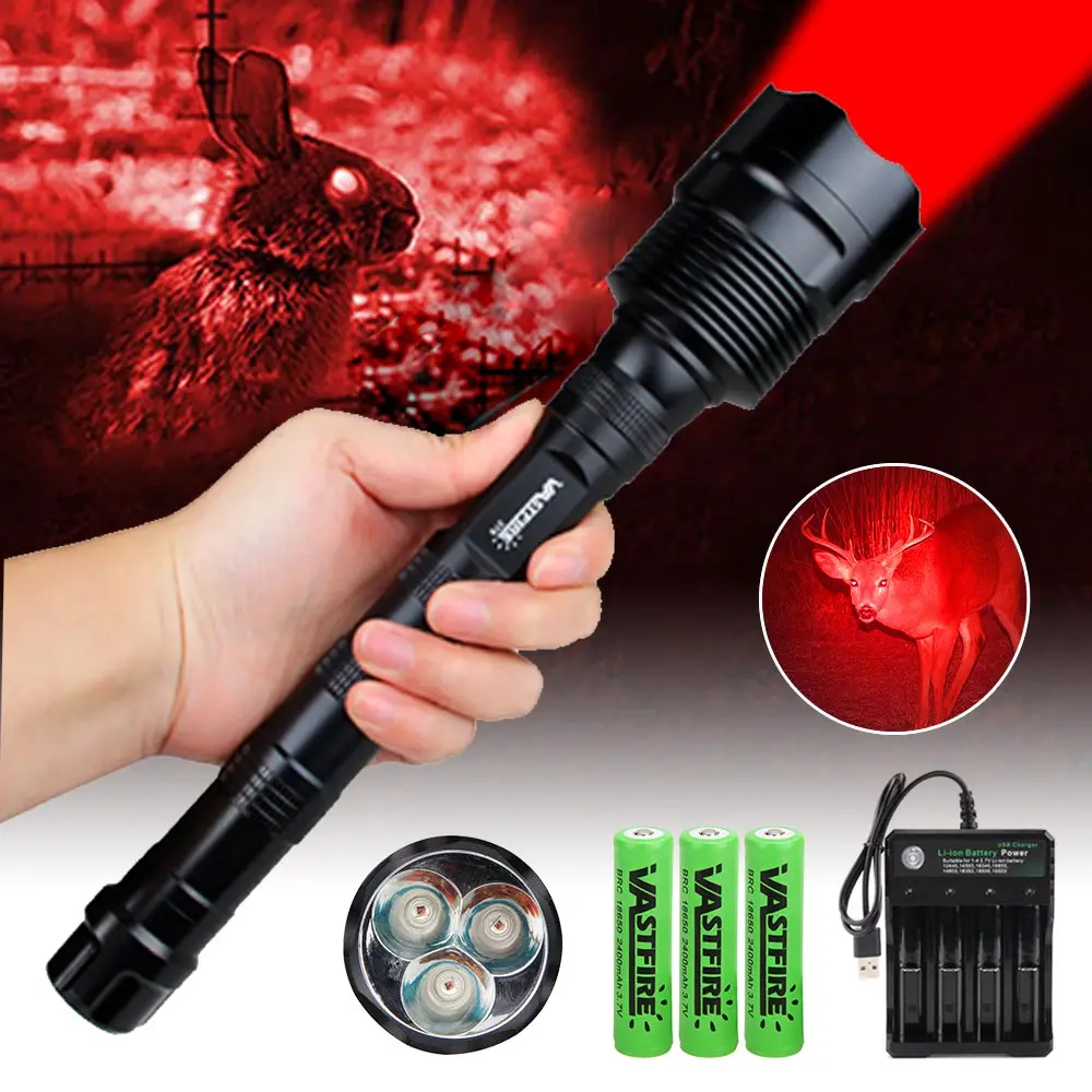 Imagem -02 - Tático Lanterna Vermelha 3x r5 Led Torch Poderosa Luz de Caça Noturna Rifle Scope Mount Power por 3x18650 Bateria