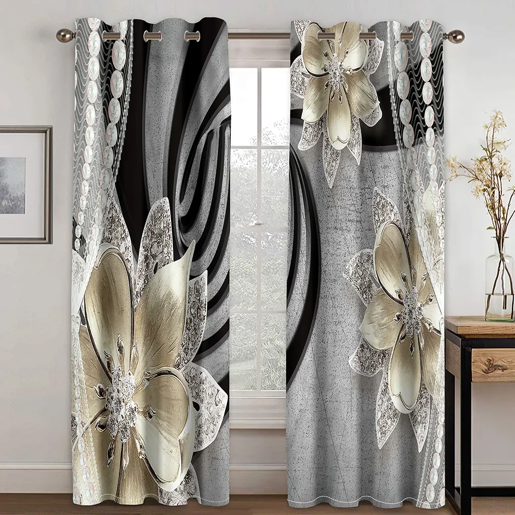 Flower Curtains for Living Room, Graceful Window Drapery, Black and Gold Color, Copper Plate Flower, Kid's Bedroom