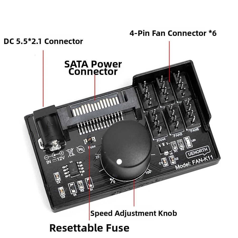 2025 PC Cooling 4 Pin 12V PWM= Fan Adapter Hub Control Up To 6 Fans, Custom Speed Settings For Workstations And Gaming Rigs
