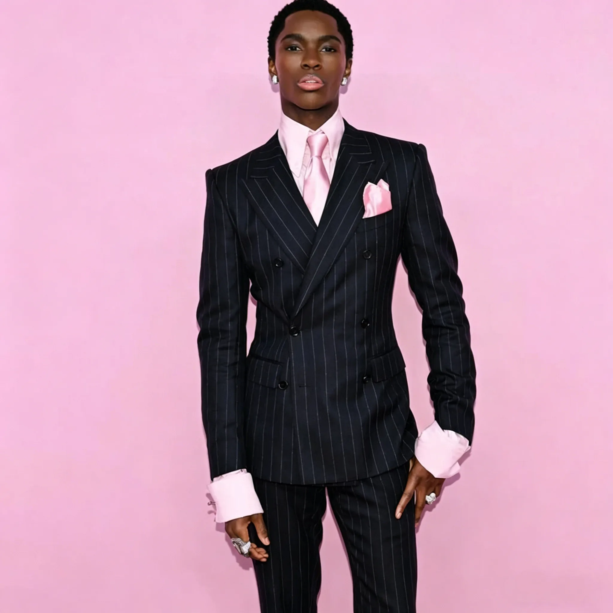 

Men's Black Stripe Suits Double Breasted Peaked Lapel Tuxedo Business Prom Dinner Dress Formal Groom Wedding Jacket+Pants Set