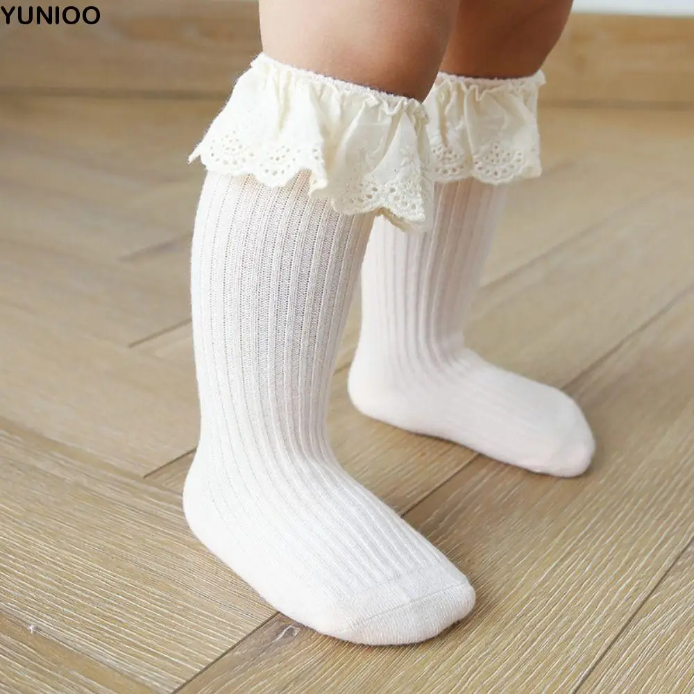 

5Pairs Ruffled Edge Baby Calf Socks Baby Lace Trim Long Tube Infant Cotton Stockings Toddle Stripe Cartoon Above Knee Socks