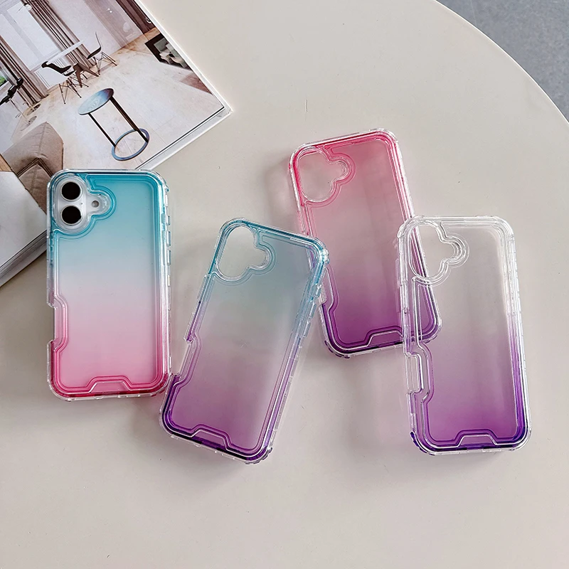 2in1 Luxury Gradient Color Blocking Transparent Phone Case For iPhone 16 15 14 13 12 11 Pro Max Plus Shockproof Clear Case Cover