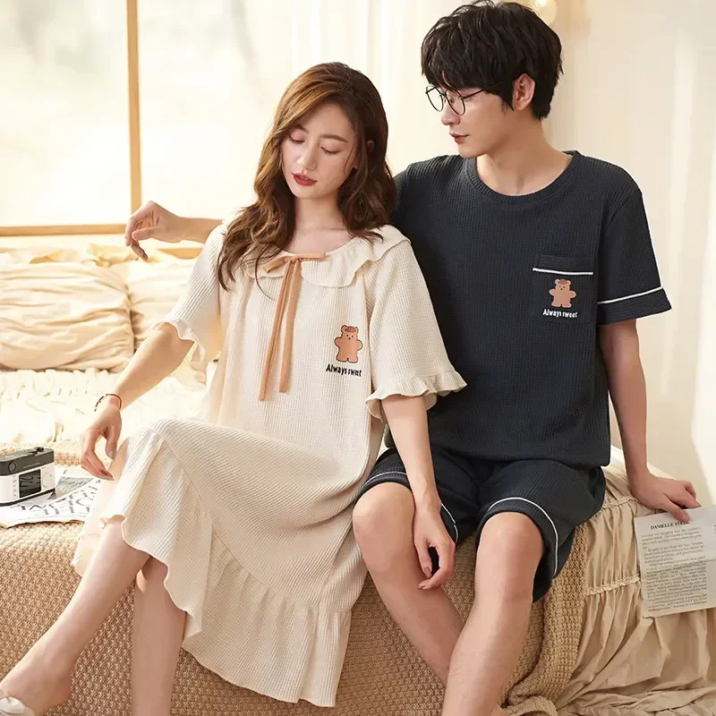 

Waffle Summer Nightwear Nightdress 2023 Pjs Couples Men Cotton Mujer Fashion Women's Korean Pijamas For Nightgowns Short Sweet