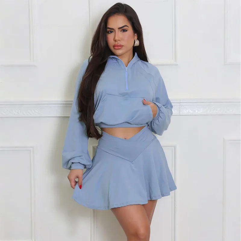 

KEXU Street Женский комплект Уличный топ с длинными рукавами и капюшоном и бальное платье трапециевидной формы с юбкой Костюмы из двух предметов Джинсовый комплект Осенний спортивный костюм