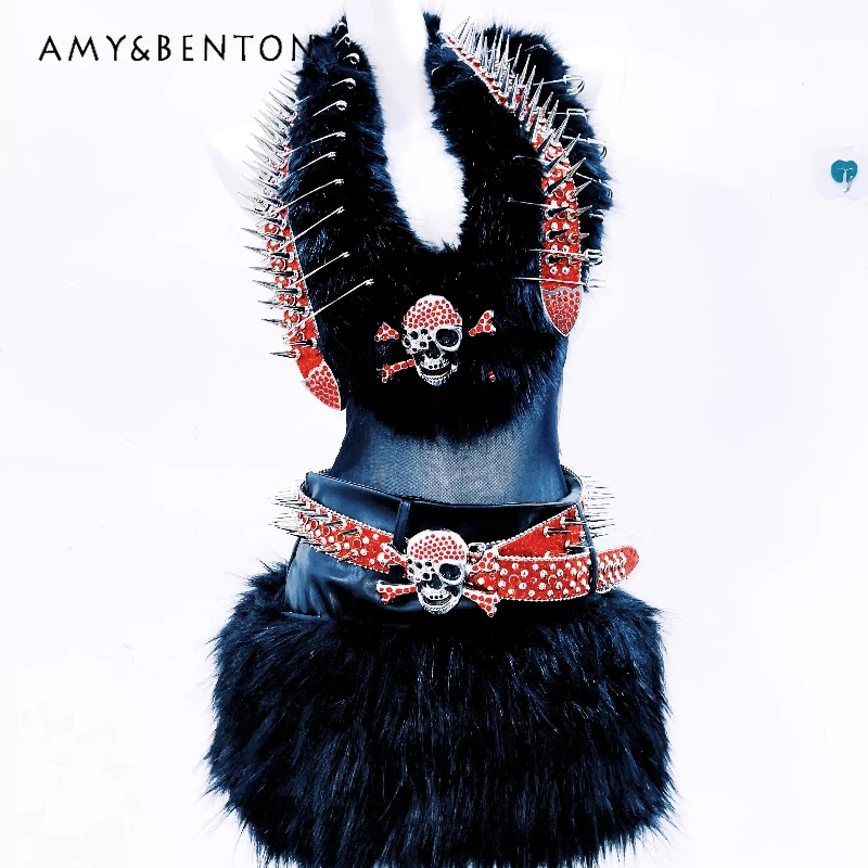 

Готический темный стиль для девочек, женский жилет с заклепками в стиле панк, осень-зима 2022, новый дизайн, черный меховой пояс, мини-юбки, комплекты женских