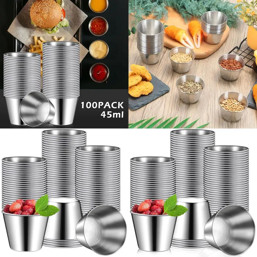 

Набор из 100 стаканчиков для соусов из нержавеющей стали объемом 1,5 унции для закусок, приправ и подачи дома или в ресторане