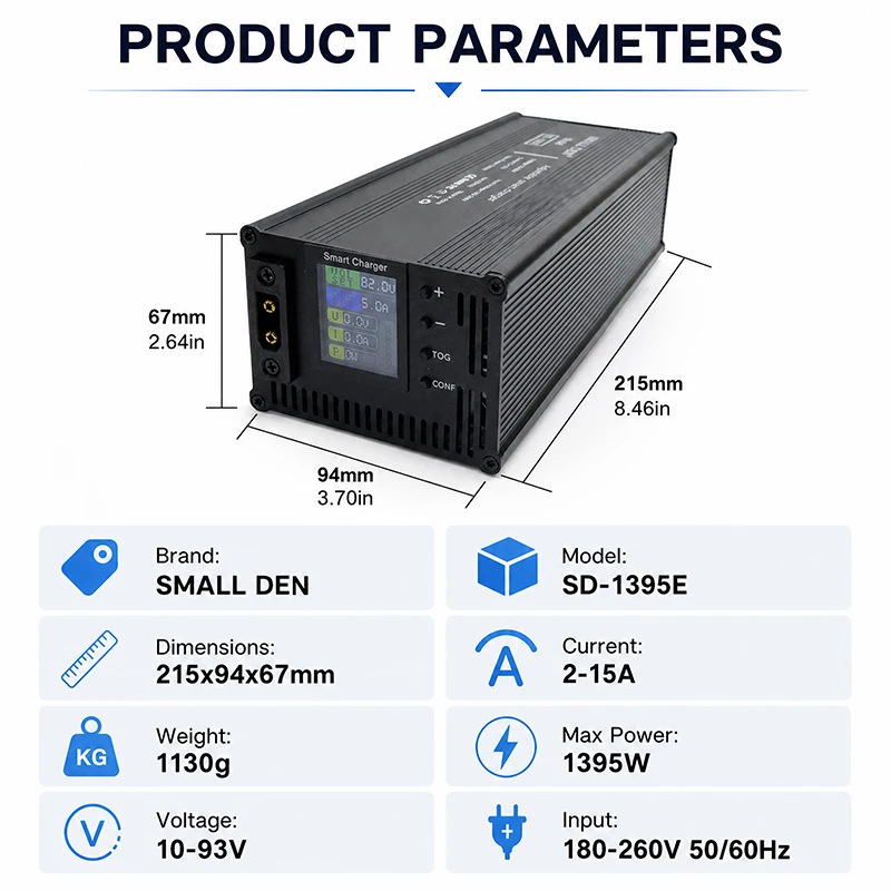 10-93V Adjustable Lithium Battery Charger 42V 60V 72V Built-in Coling Fan Fast Charger for 16S 20S E-bike Lithium Li-ion Battery