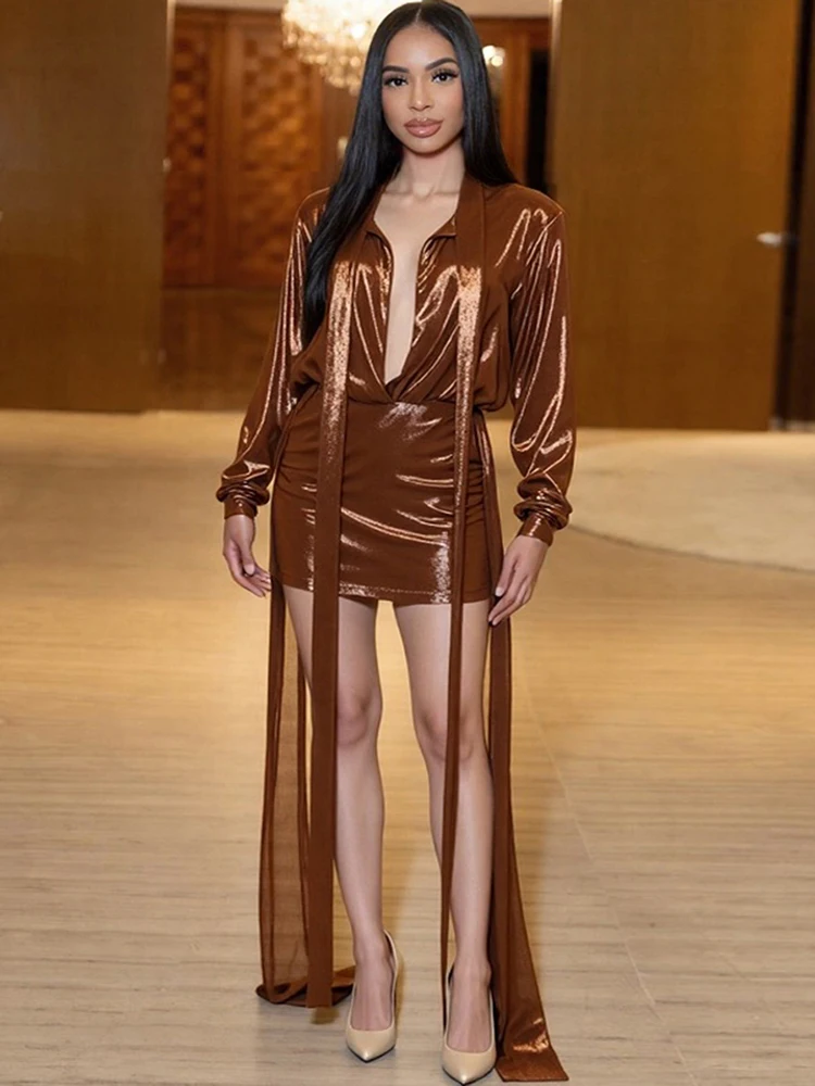 

Nibber сексуальный позолоченный комплект из 2 предметов, женские украшения из ленты, топы с длинными рукавами и узкие мини-юбки, модный клубный костюм для вечеринки