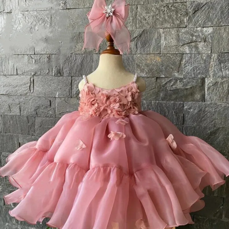 Dusty Rose Baby Girl Dresses Floral Tiered Organza Kids First Birthday Party Dress Ball Gown Celebrity Dresses with Bow