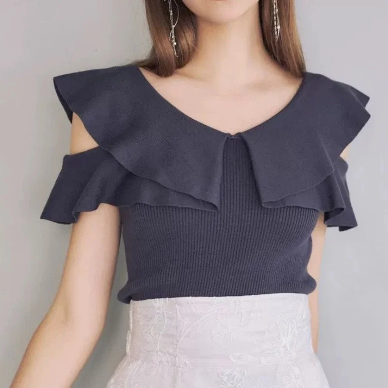 

Japan Style Ruffles Off Shoulder Sweater Halter Ropa Mujer Pullover T-shirt Knitwears Womens Clothing 2024 Spring Summer New