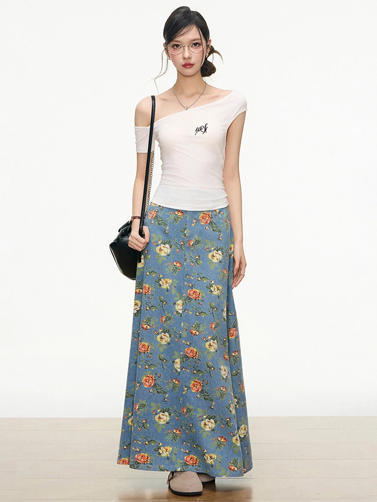 

Korean Sle Floral Design Denim Skirt Women's Autumn New Slimming Long Skirt Trendy High Waist A-Line Skirt