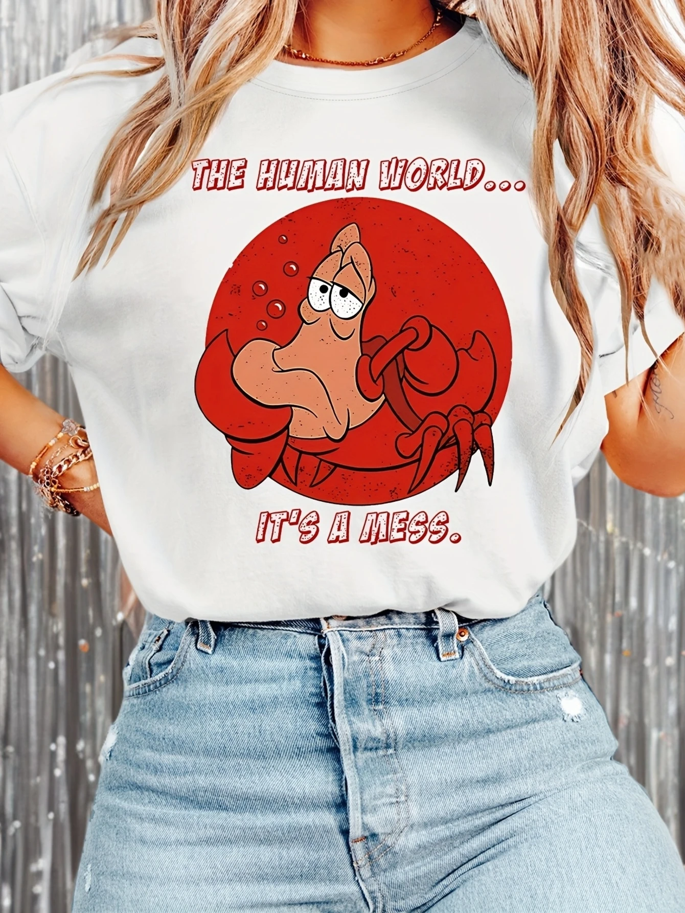 

Disney Sebastian the Crab Human World Letter T Shirt Women's Men Cotton Tee O-Neck Casual Oversized Short Sleeve Loose Tops