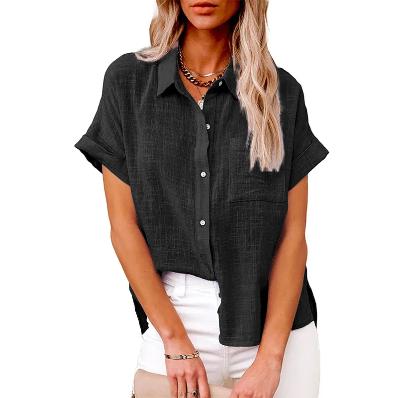 2024 Summer New Women's Cotton Blouse Solid Linen Shirt Short Sleeve Casual Loose Shirt S-5XL