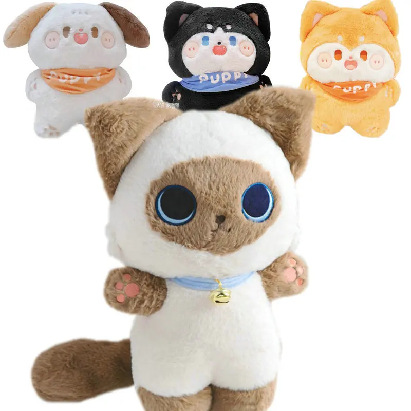Peluche de gato siamés Kawaii para niños, animales de peluche, Husky Shiba Inu, perro con babero, cachorro, cojín