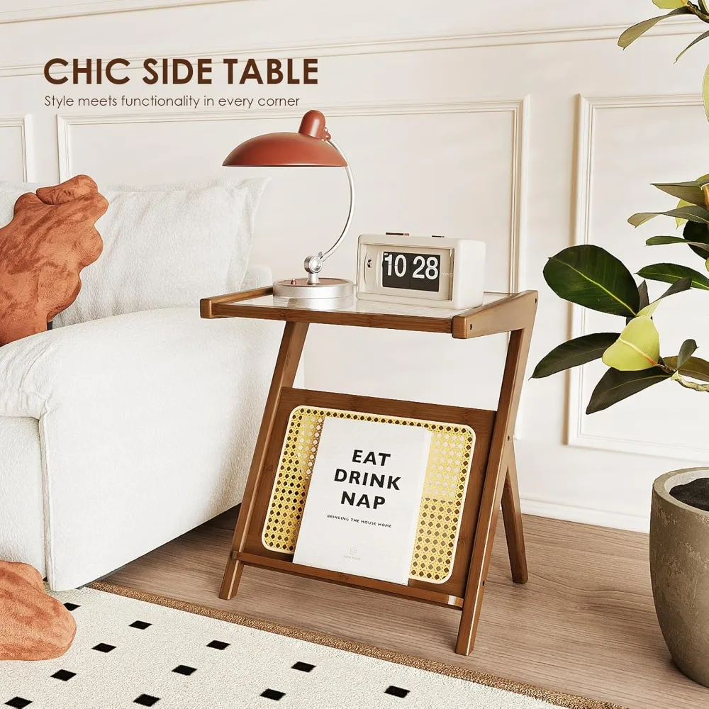 XMSJ 2Pcs Rattan Side Table Sets Boho NightStand Mid Century Modern End Table Glass Bedside table Small End Tables