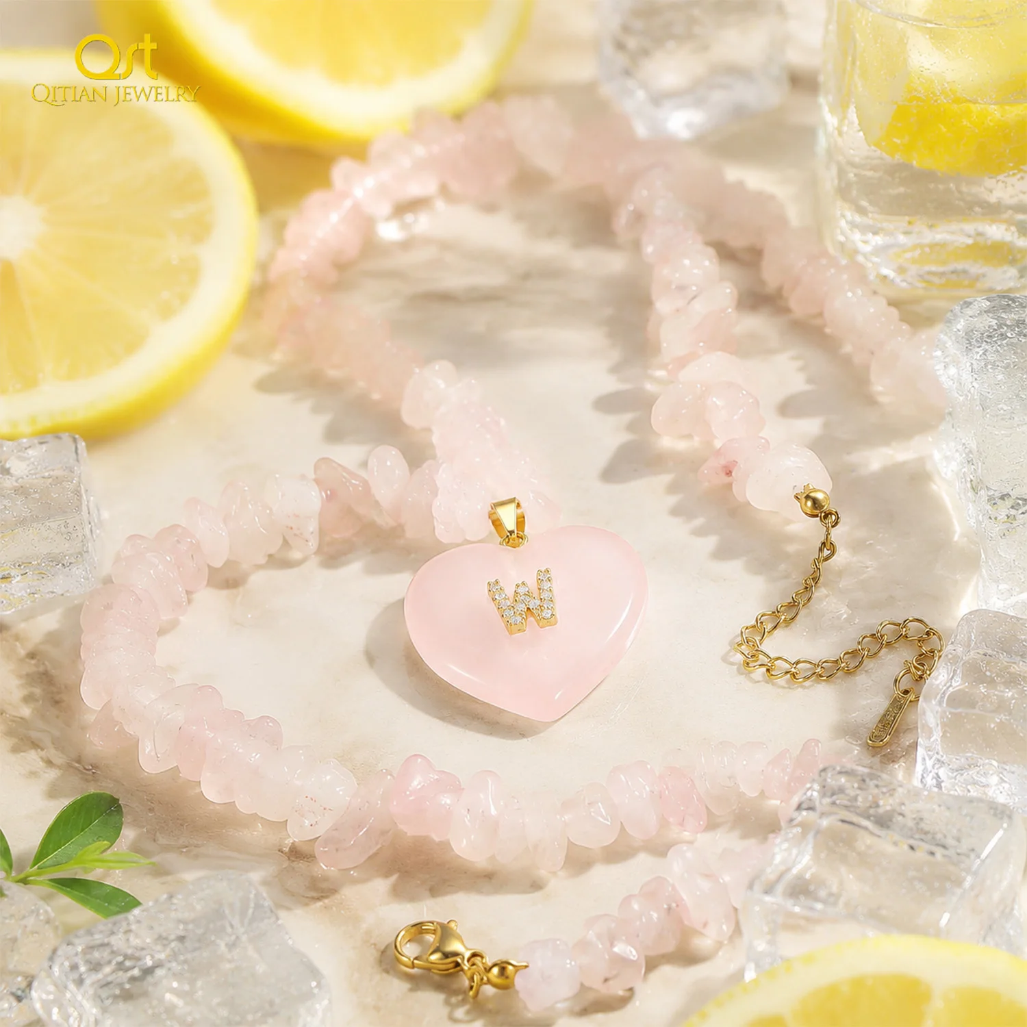 Qitian Custom A-Z Initial Necklace Pink Natural Stone Beaded Necklace CZLetter Heart Pendant Personalized Jewelry Gift For Women