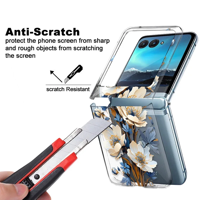 Floral Patterned Clear Case For Motorola Razr 50 40 Ultra Razr40 Razr50 Slim Shockproof Hard PC Transparent Folding Phone Cover