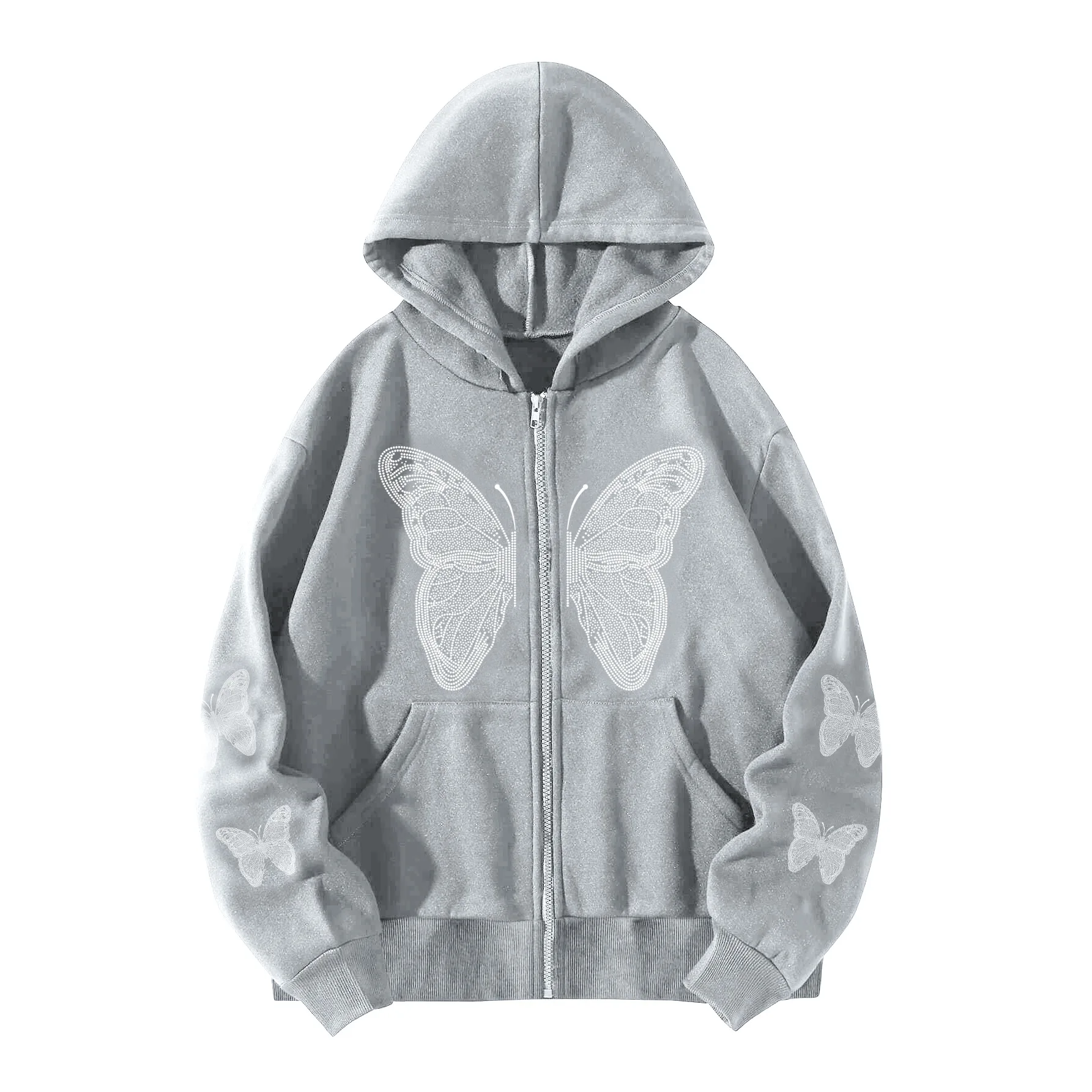 Xuanshow Herbst Winter Frauen Reiß verschluss Hoodie Sweatshirt Schmetterling lose Reiß verschluss Vorder tasche lässig Streetwear Kapuze Jacke Mantel – Detail 24