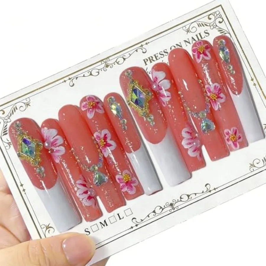 10 Pcs Extra Long Handmade Press on Nails Square Fake Nails with 3D Flowers Rhinestones Charms Design White French Tip False Na