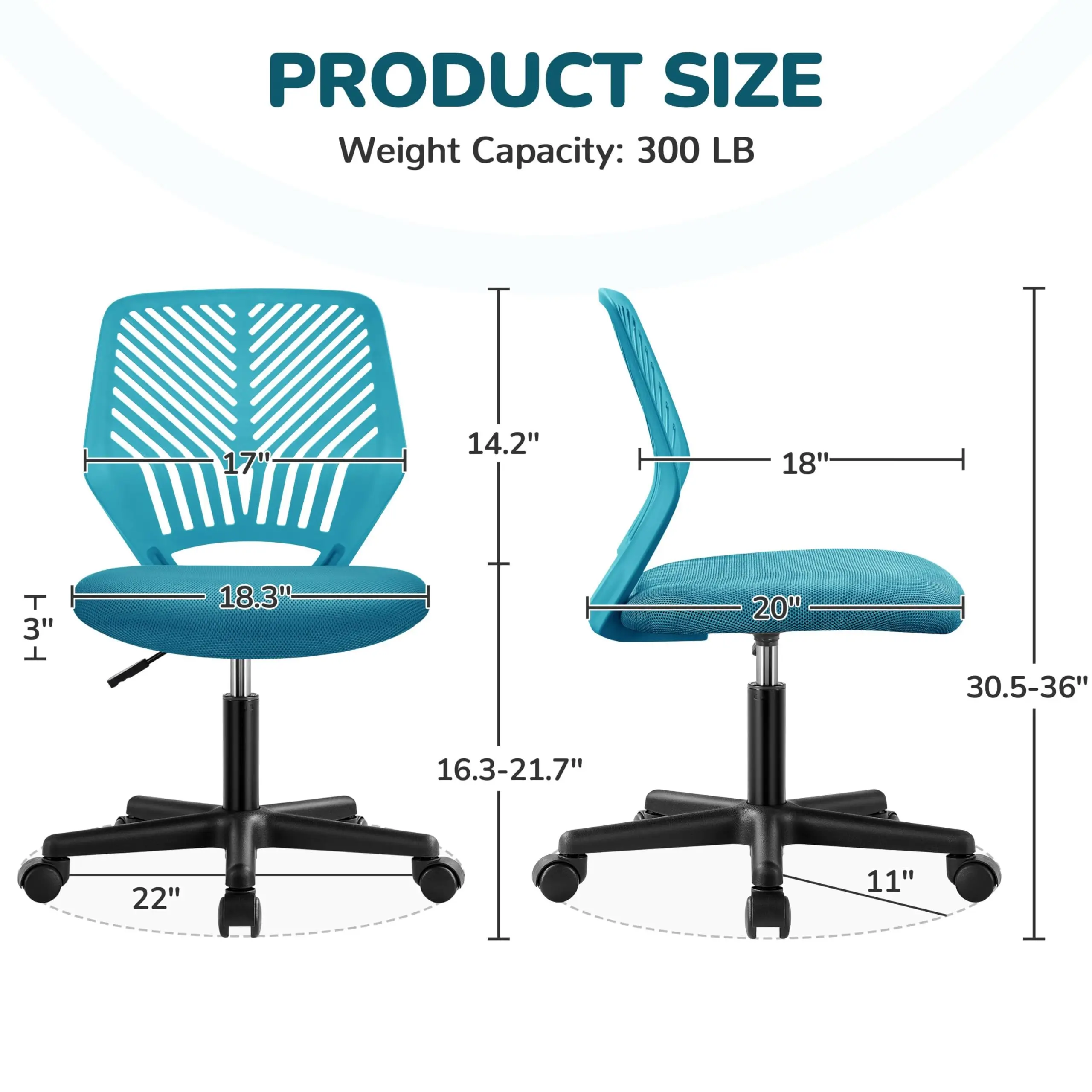 Ergonomic Study Chair, Low Back Armless Task Chair, S Shaped Backrest w/Lumbar Support, Height Adjustable Swivel Chair Turquoise