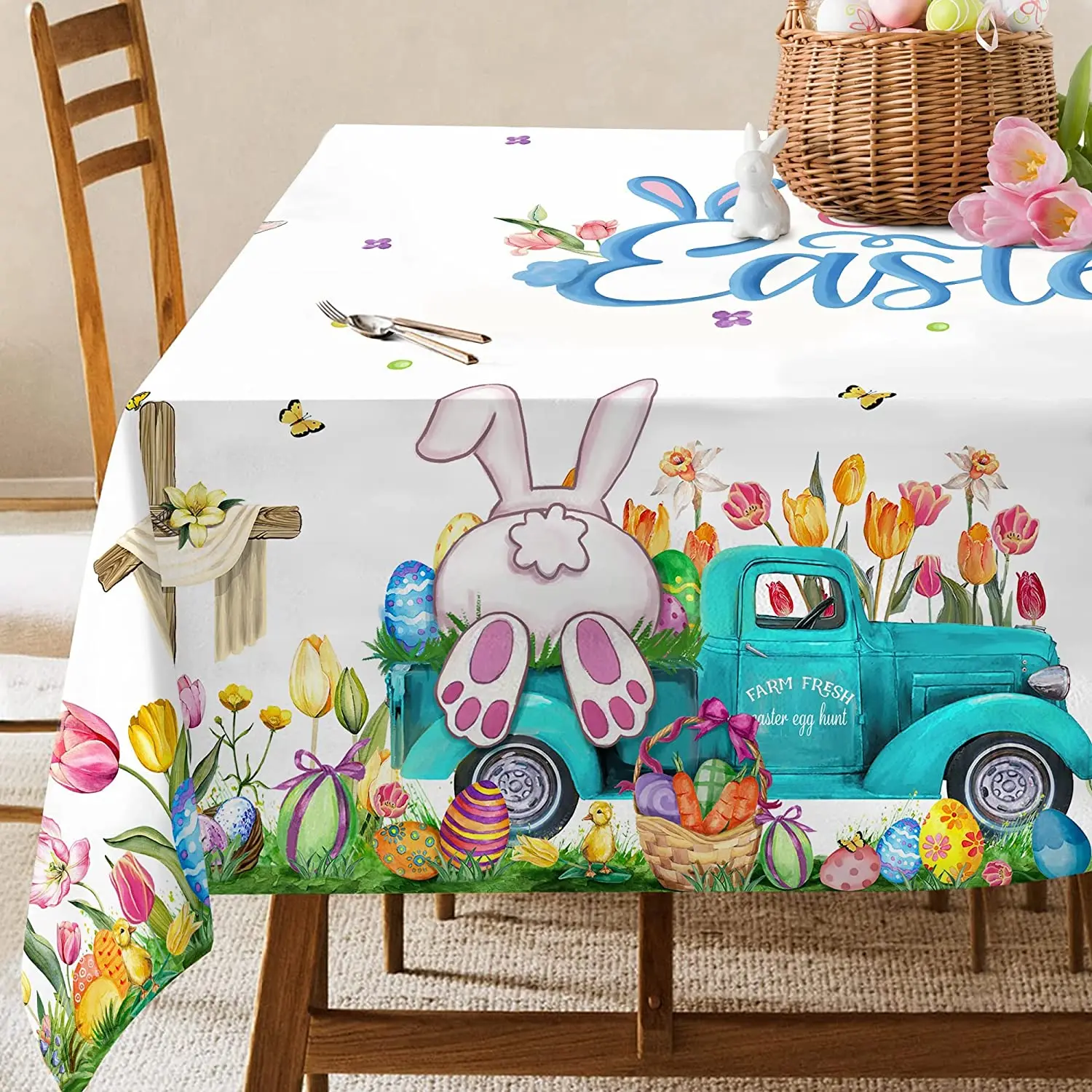 Easter Waterproof Tablecloth Decoration Bunny Egg Truck Tulip Print Tablecloth Kitchen Picnic Party Restaurant Accessories