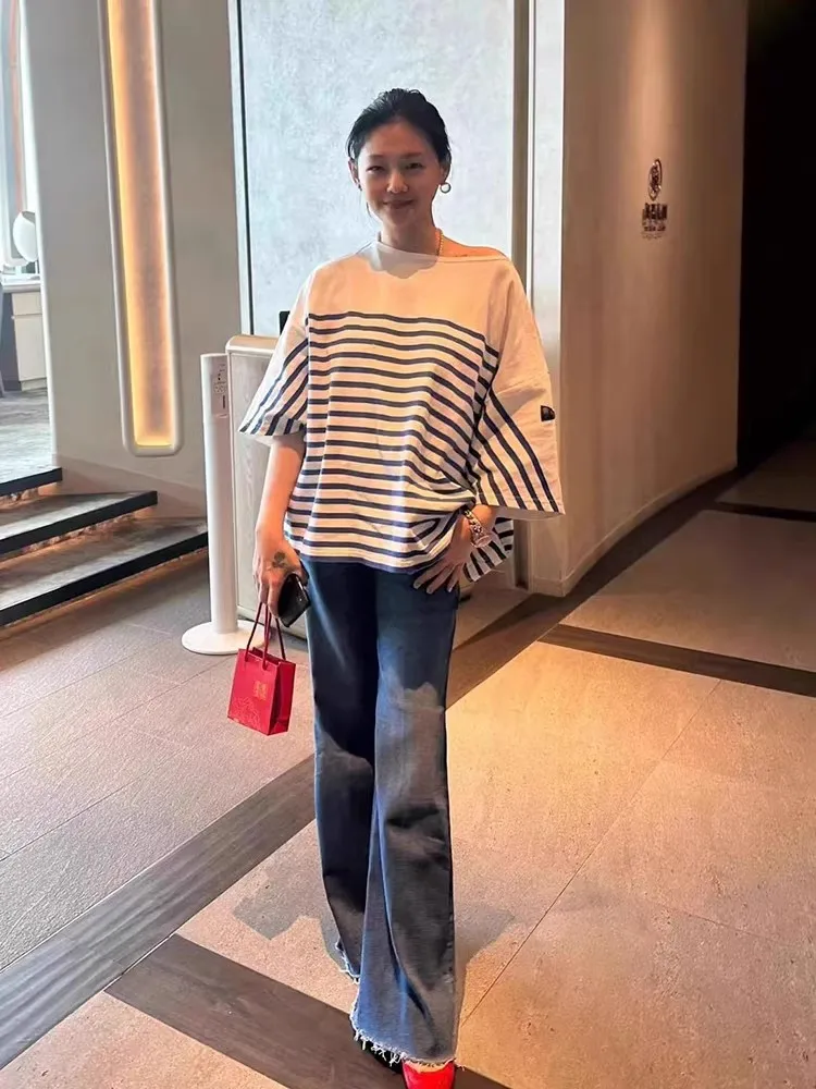 2026 Kapital Blue and White Striped Colorblocked Loose-Fit Five-Quarter Sleeve Round-Neck Short-Sleeved T-Shirt TX1566